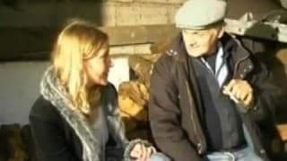 Two old guys tap a young blonde in the wood store Two old guys tap a young blonde in the wood store