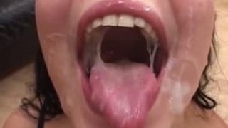Bukkake for a big young slut! Blowjob, Facial Cum