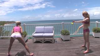 Two young blondes and a huge dildo Young, Blonde, Lesbian, Masturbation , Sextoys, Outdoor