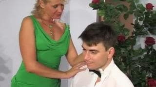 This man will please a horny Milf Blonde, MILF, Uniforms, XXX Scenario, Cumshot, Stockings