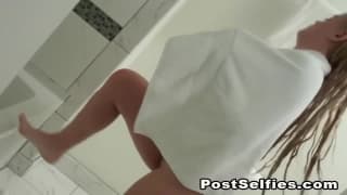 She gets in the shower to play with herself! She gets in the shower to play with herself!