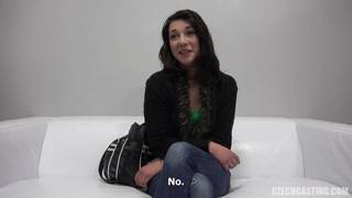 Brunette at a porn casting getting horny Young, Blowjob, POV , Brunette , Small Tits, Casting Porno, European