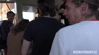 He offers money to the waitress for a fuck Big Boobs, Brunette , Outdoor