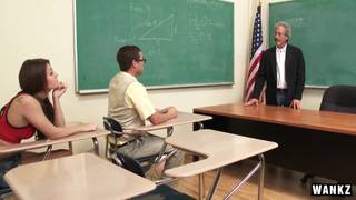 Class slut sucking cock of a nerd inside classroom