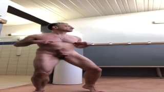 Horny guy masturbating in public shower