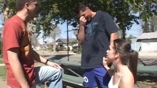 Colleagues persuade a brunette for a hot threesome Colleagues persuade a brunette for a hot threesome