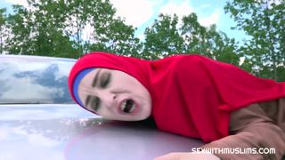 Horny slut in red scarf fucked outside