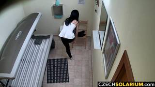 Teen Rubbing her Pussy in Public Solarium Brunette , Small Tits, Webcam , Soft , Spying, Full HD, European, Solo