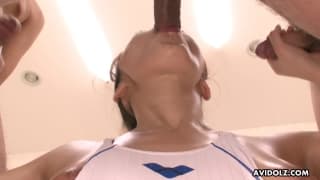 Guys playing with an Asian slut like a doll Guys playing with an Asian slut like a doll