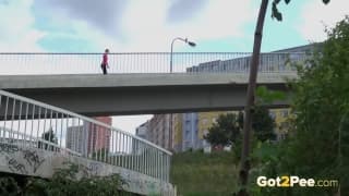 Urine squirts from pretty girls peeing in the street Urine squirts from pretty girls peeing in the street