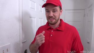 Pizza delivery man fucks Addison Lee while cuckold husband watches