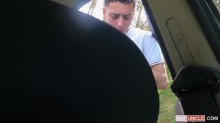 While waiting for the mechanic, he pulls out his cock for the twink