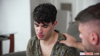 DILF stepdad pulls out his cock and makes his twink stepson suck it