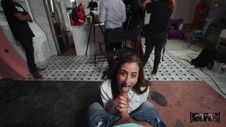 Scarlett Page deepthroats while on the behind the scenes of a show Blowjob