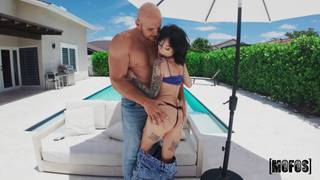 Lysagna Del Ray deepthroats JMac's thick cock poolside Blowjob, Brunette , Small Tits, Big Dick, Outdoor