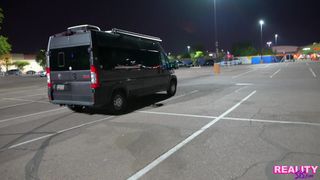 Brunette with small tits fucks in various positions inside the van