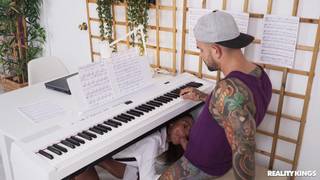 Piano tutor Barbie Rous can't stop looking at Juan's fat cock bulge Blowjob, Interracial, XXX Scenario, Young Black