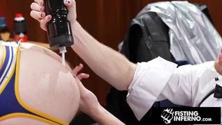 Barber fists his whole arm inside his client's asshole Barber fists his whole arm inside his client's asshole