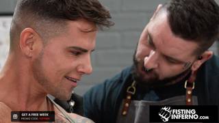 This man sucks and fists his tattoo artist's tight asshole