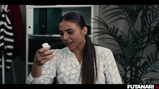 Milan Cheek and Alexa get fucked with a fake dick in the office