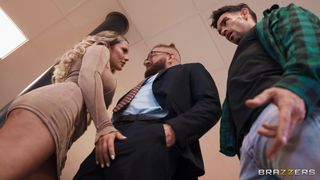 Blonde babe Kenia Music gets on her knees and sucks Xander's cock