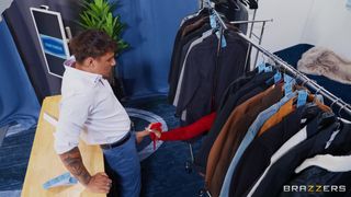 Connie Perignon sneakily sucks Victor Ray's cock behind the coat racks