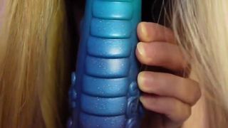Blonde babe gives us a review of her favorite big dildos