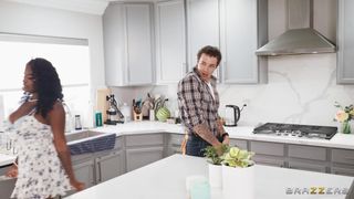 Horny black babe Rayne Carter flirts and sucks the handymen