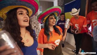 Teen Violet Ray sucks the whole football team while friends watch