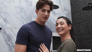 Megan Mistakes gets on her knees to suck the contractor's cock