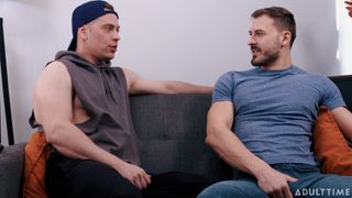Felix Trainor and Flavian Dusk masturbating side by side on a couch