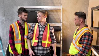 Two working man train the new guy by fucking him anal bareback