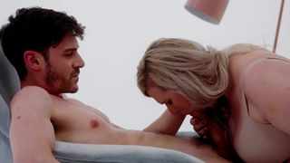 The blonde demonstrates that she can suck until he cums