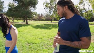 Yhivi eagerly sucks Derek Savage's big and black cock on the backseat