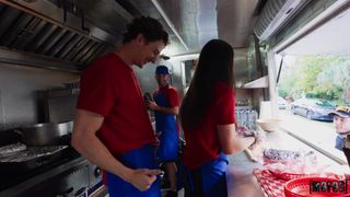 The only girl in the Food truck will start sucking her friend's cock