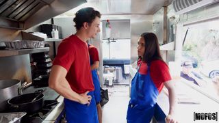 The only girl in the Food truck will start sucking her friend's cock