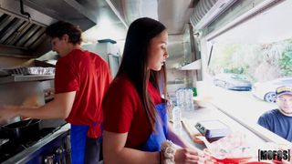 The only girl in the Food truck will start sucking her friend's cock