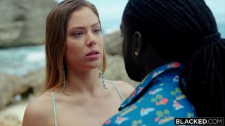 Avery Cristy strokes Freddy's big and black cock at the beach